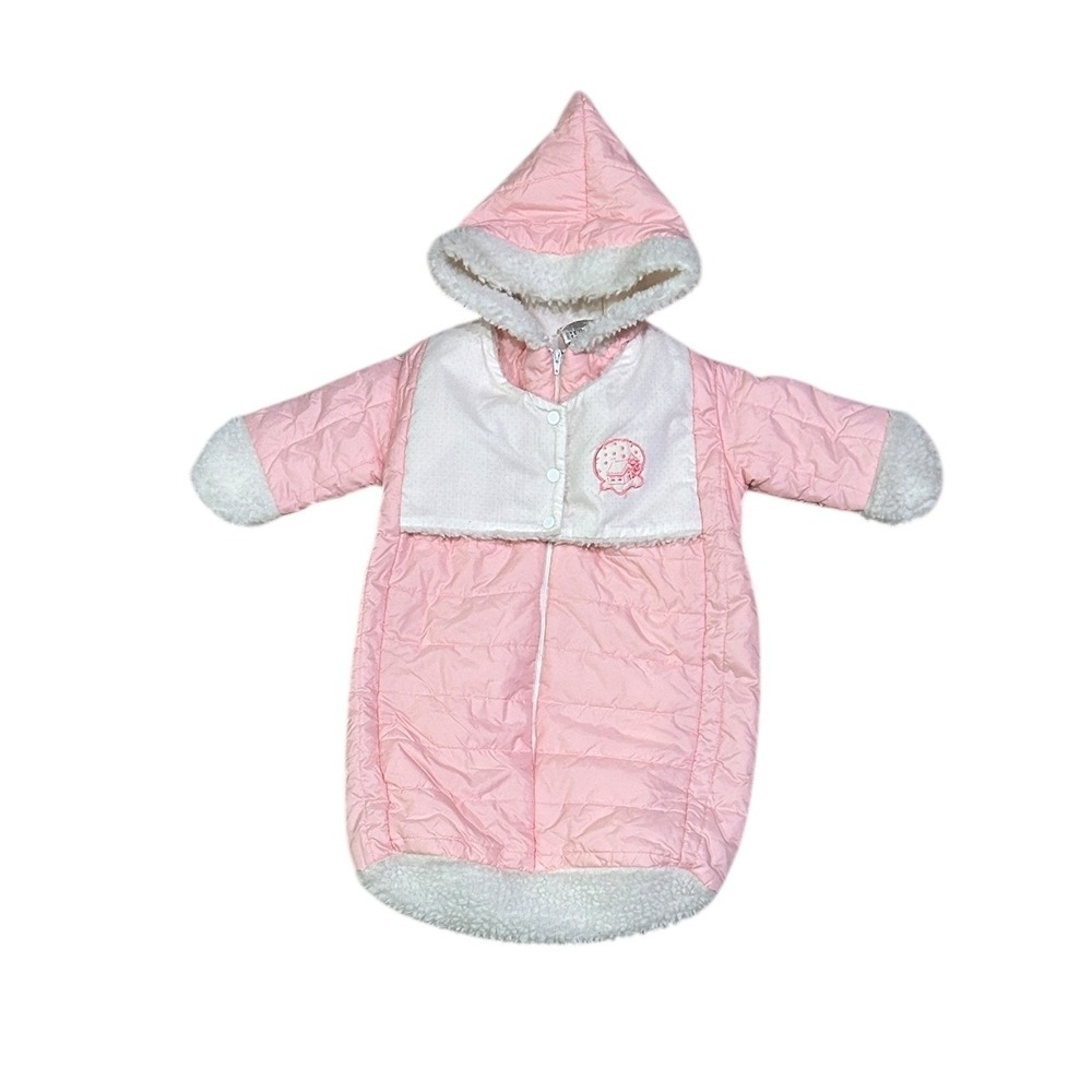 Vintage Clare Bell Pink Quilted Bunting Bag 6M‎ Sherpa Hood Enclosed Snowsuit